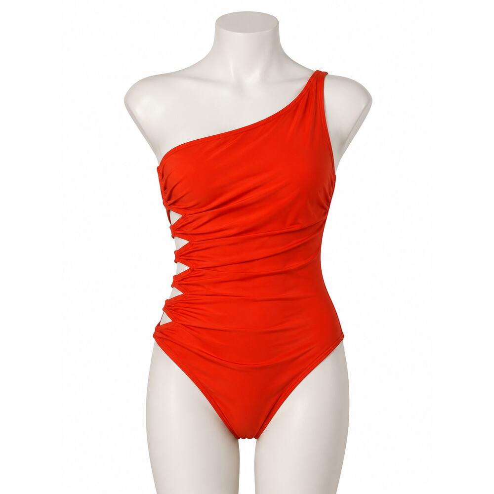 Carmen Marc Valvo Orange Asymmetrical Cutout One-Piece Swimsuit – Size 10
